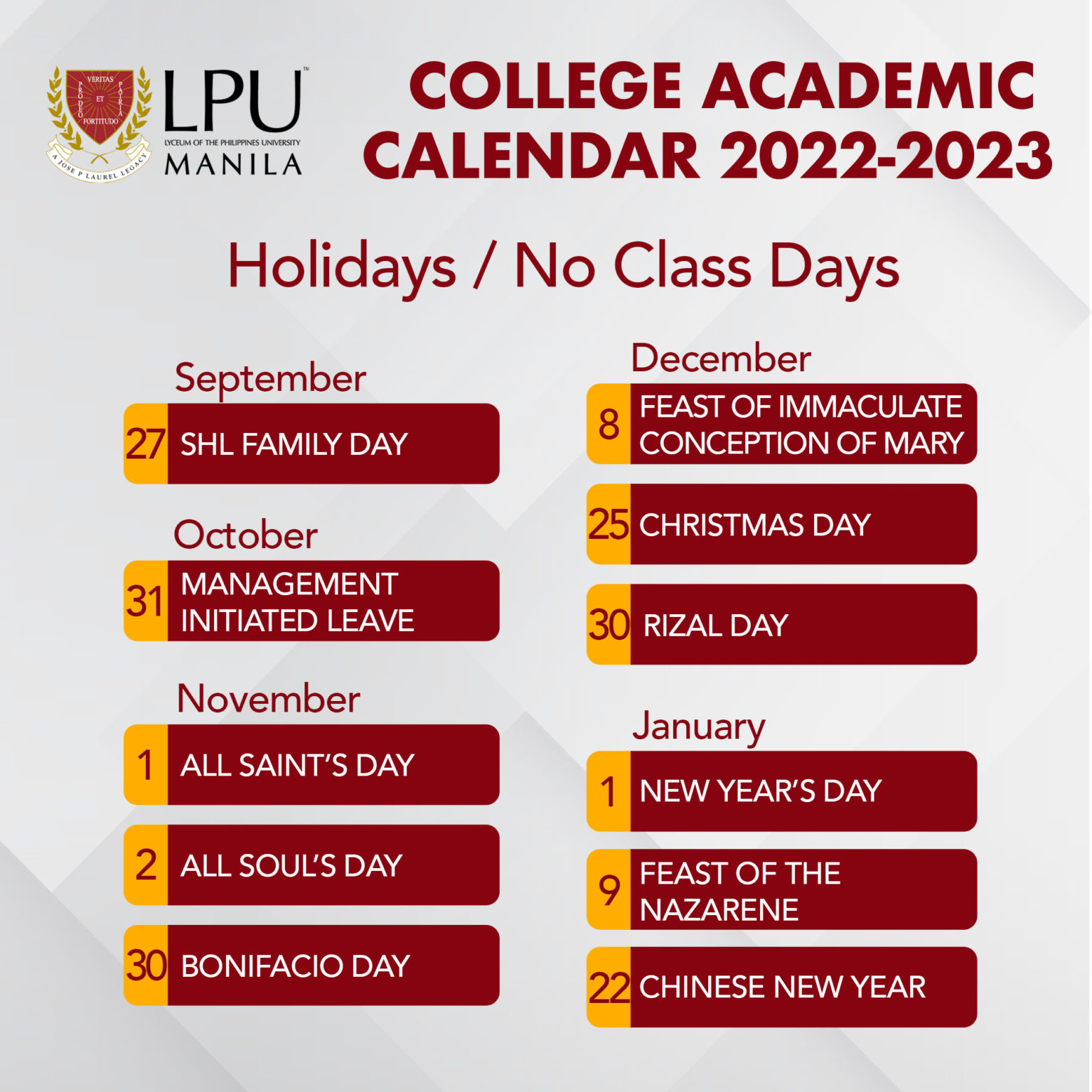 Academic Calendar Lyceum of the Philippines University Manila