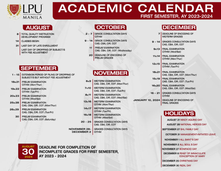 Academic Calendar Lyceum of the Philippines University Manila