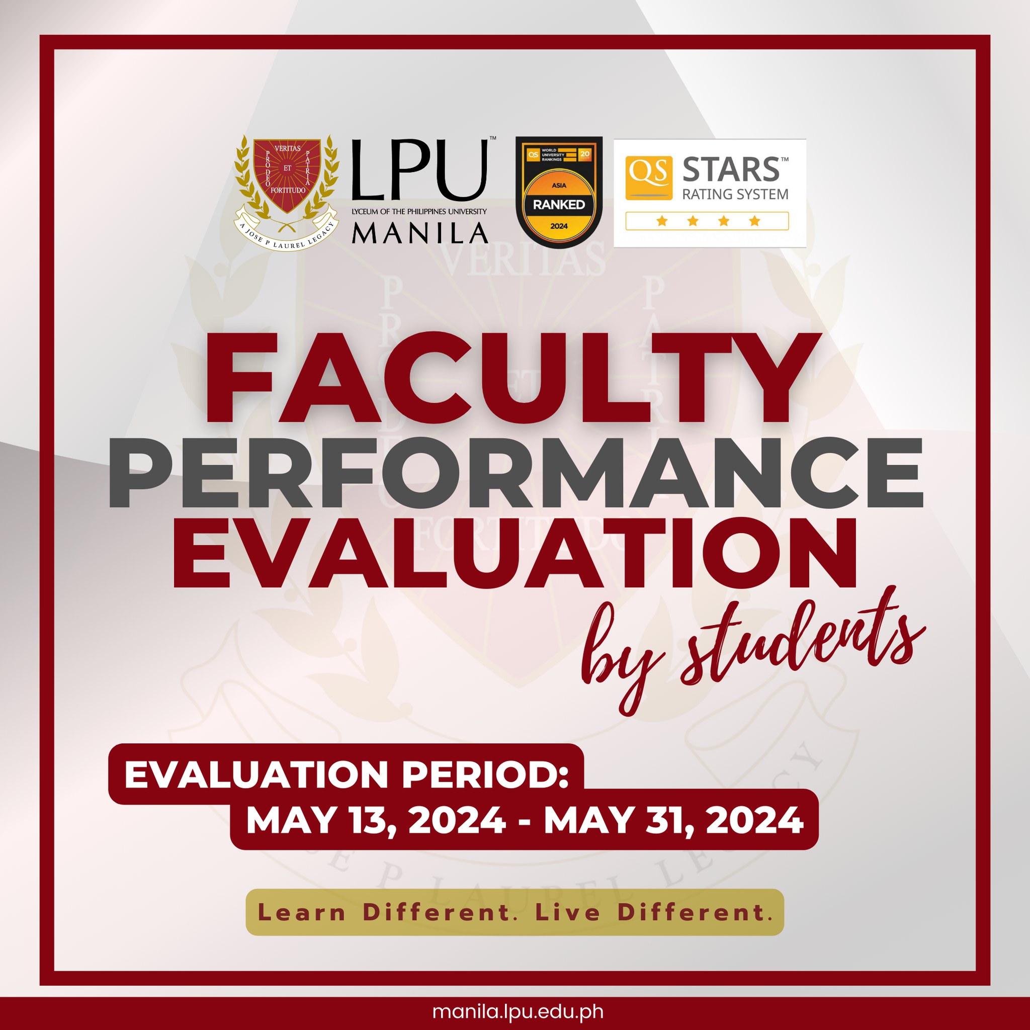 Faculty Performance Evaluation by Students is Scheduled on May 13, 2024 to May 31, 2024