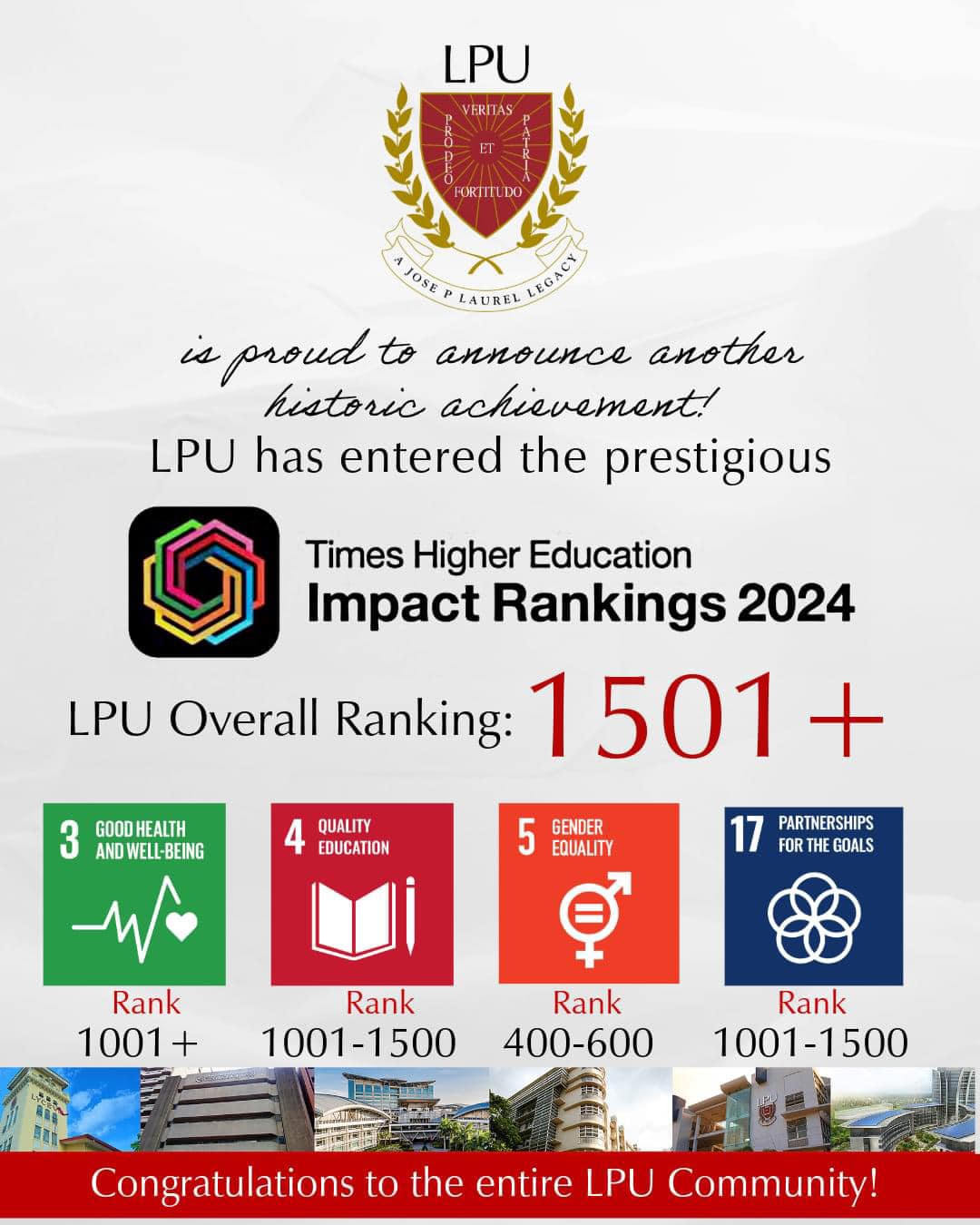 Congratulations to the Entire LPU System | Times Higher Education (THE) Impact Rankings 2024