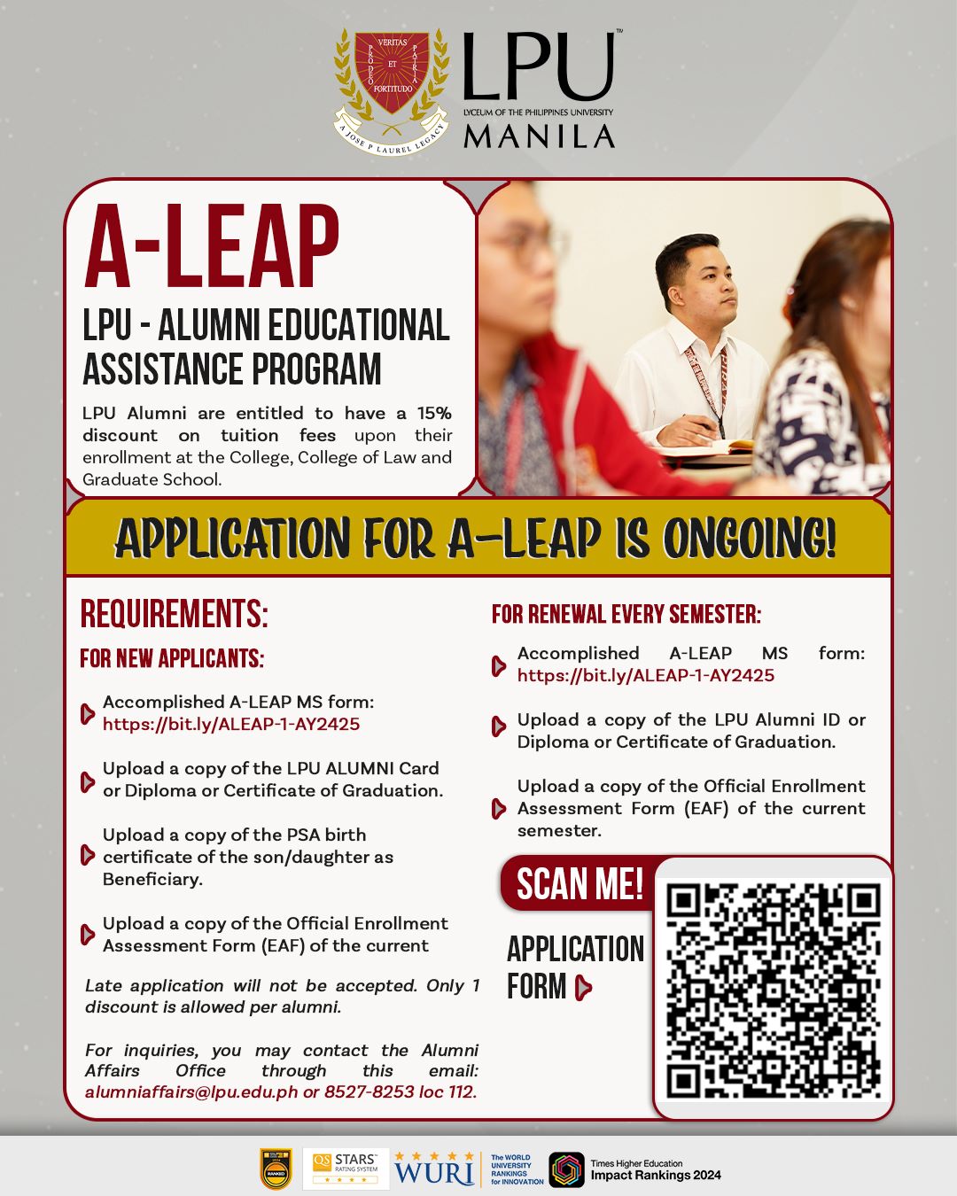 Alumni – LPU Educational Assistance Program (A-LEAP) Discount for 1st Semester, A.Y. 2024-2025