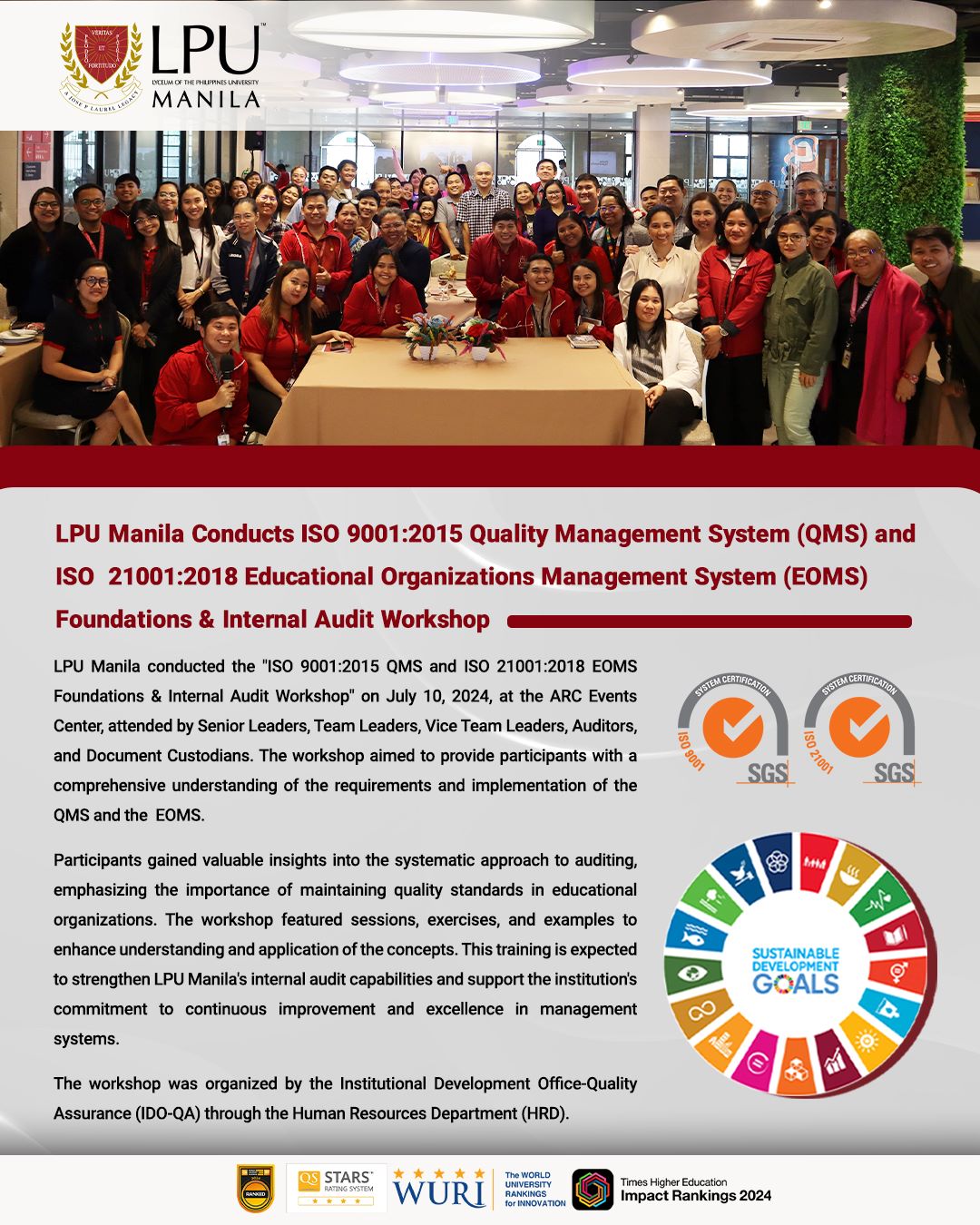 LPU Manila Conducts ISO 9001:2015 Quality Management System (QMS) & ISO 21001:2018 Educational Organizations Management System (EOMS) Foundations & Internal Audit Workshop