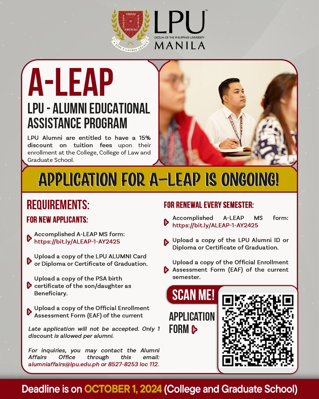 Alumni – LPU Educational Assistance Program (A-LEAP) Discount for 1st Semester, A.Y. 2024-2025