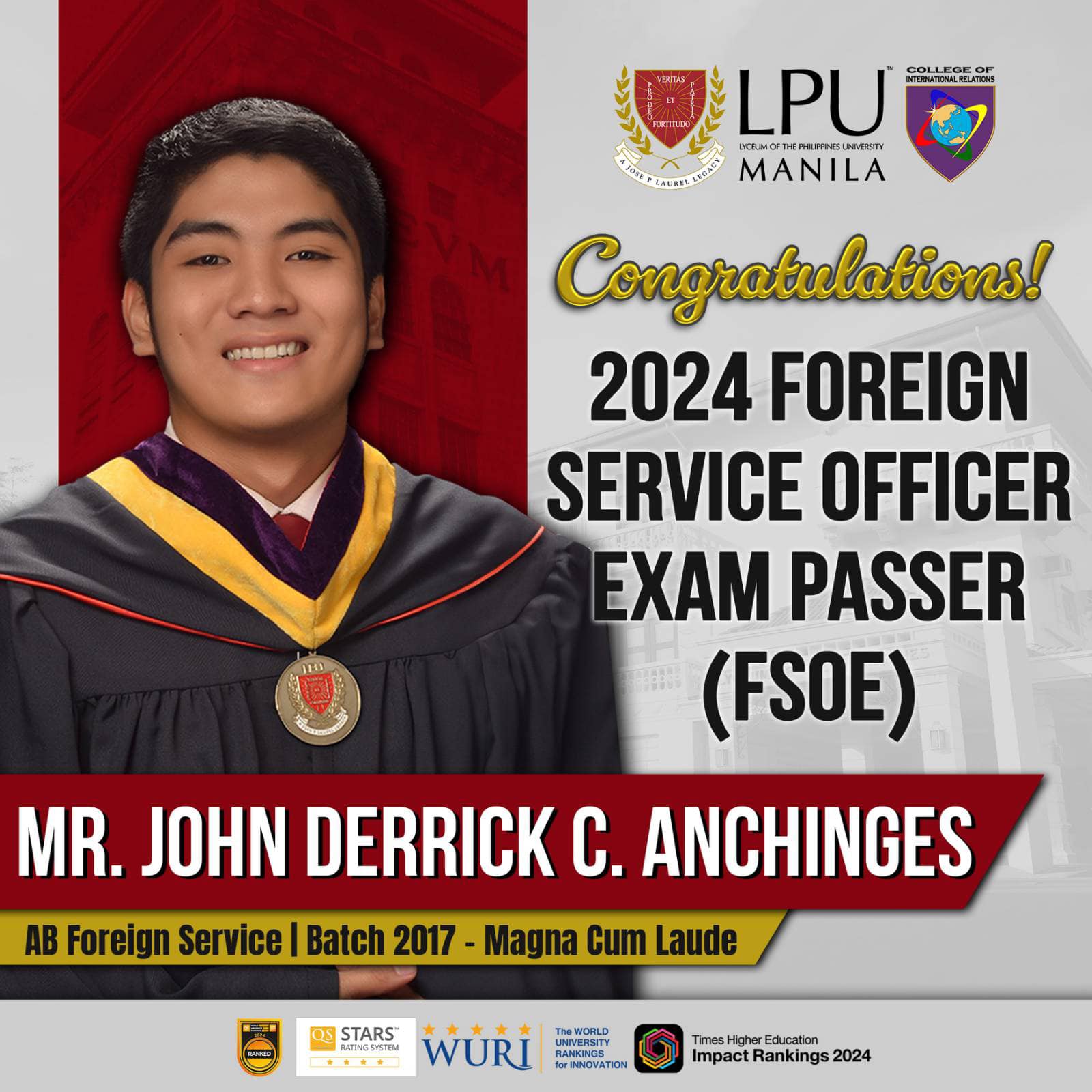 Congratulations, Mr. John Derrick C. Anchinges!